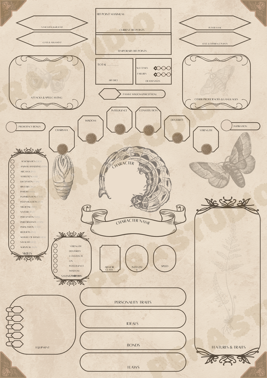 Moth Journal - DnD 5E Character Sheet Digital Download