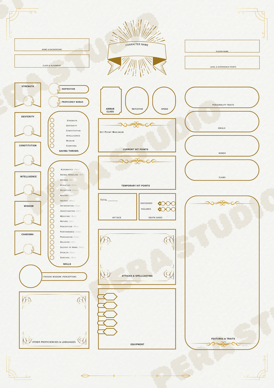 Shining Treasure- DnD 5E Character Sheet Digital Download